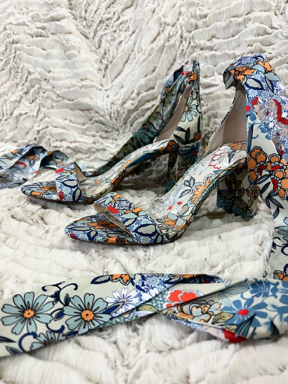 Jessica Simpson Floral Tie-Ankle Heels - Blue, Orange, Cream